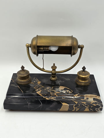 1920 Art Deco Brass Barrel Desk Lamp on Portoro Marble Base Dual Brass Inkwells