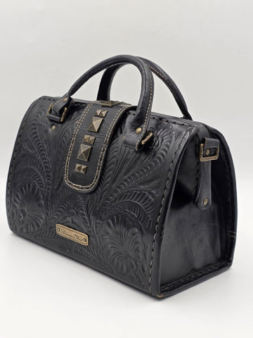 American West Brown Tooled Structured Leather Doctor Style Satchel Shoulder Bag