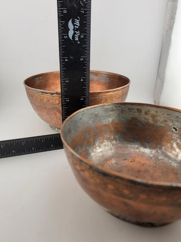 Antique Stuning Set Of 2 Nesting Large Middle Eastern Copper Bowls Hand Engraved