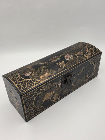 Rare Vintage Chinese Lacquer Scroll Box Gold Gilt Floral Birds Document Case
