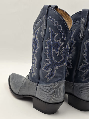 Vtg Dan Post Genuine Lizard Cowboy Boots Mens 9M Blue Denim Gray Exotic Western