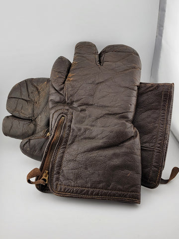 Original WW2 U.S. Navy Aviation Brown Leather Gunner's 3 Finger Gloves/Mittens