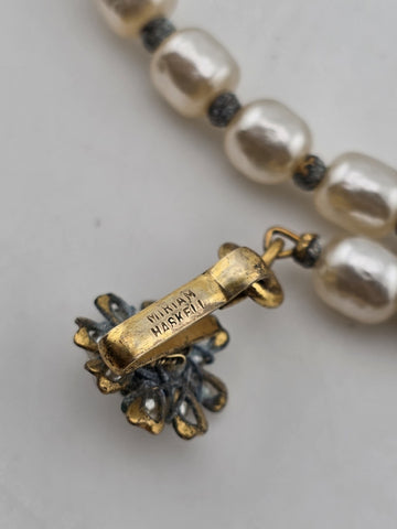Vintage 1950's Miriam Haskell Glass Pearl Necklace/ Chocker Rhinestone Pendant