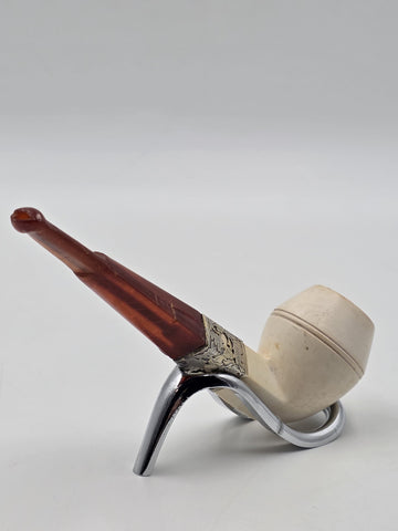 Antique Meerschaum Tobacco Pipe Sterling Silver Mount Cognac Amber Stem c.1890