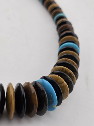 Jay King DTR Black Onyx, Tiger Eye and Turquoise Disc Sterling Necklace.