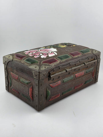 RARE ANTIQUE JAPANESE COPPER  BRASS-BOUND JEWELRY BOX W RAISED ENAMEL DECO MEIJI