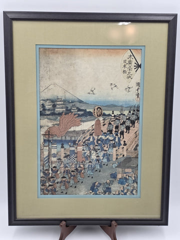 Framed Original 19thC Japanese Woodblock Print Kunisada Tokaido Nihonbashi Scene
