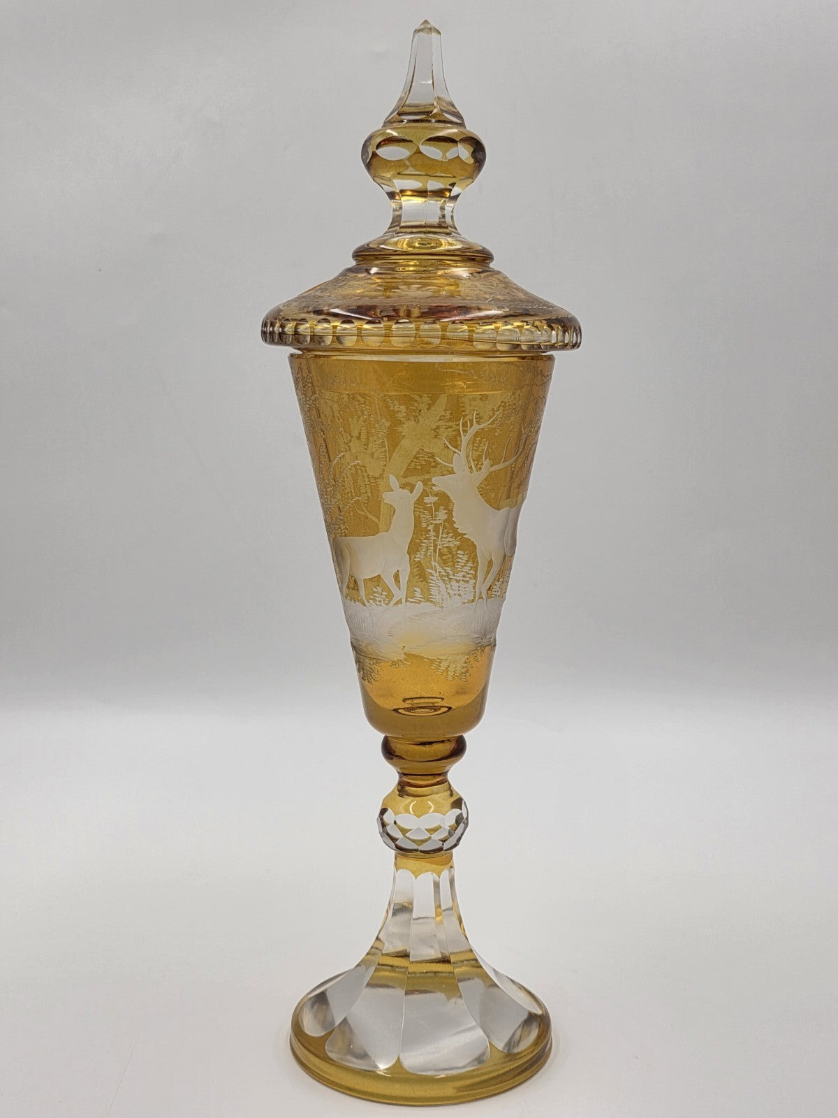 Rare Antique C1920's Bohemian Amber Cut to Clear Lidded Goblet Stag Forest Scene