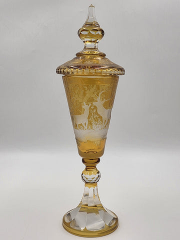 Rare Antique C1920's Bohemian Amber Cut to Clear Lidded Goblet Stag Forest Scene
