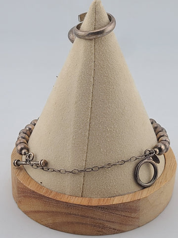 Unique Set Of Sterling Silver Beaded Bracelet & Ring 925 Toggle Clasp w/ Charm