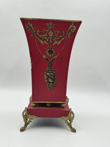 Antique 1940 Hollywood Regency Red Gold Toleware Planter Cachepot Louis XV Style