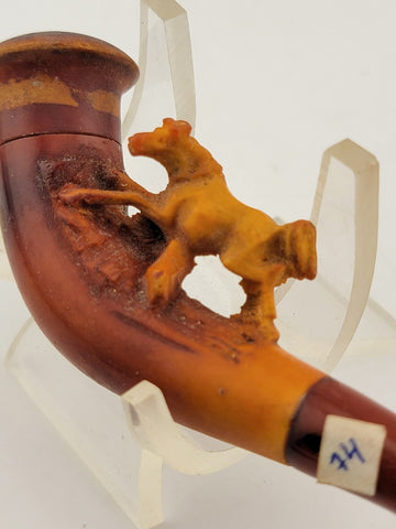 Antique 19th C ECHT German Meerschaum & Amber Pipe Horse Theme W Original Case.