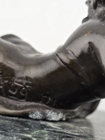 Vintage Small Bronze Child w/ Bird Figurine on Green Marble Pedestal Base Signed