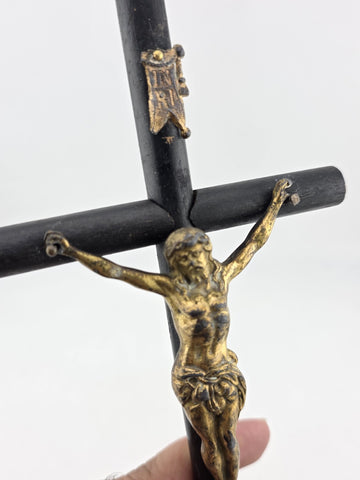 Rare Antique 19th C Crucifix Metal Jesus On Wood Cross W Rare Tips Memento.