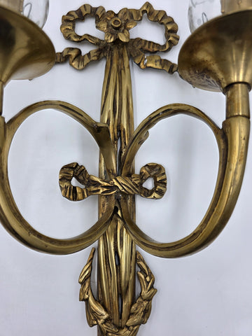 Pair Vintage Louis XVI Style French Ormolu Brass Wall Sconces w/ Etched Glass.