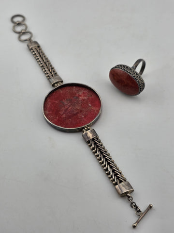 ANTIQUE 1940'S STERLING SILVER NATURAL RED CORAL BRACELET & RING SET HANDCRAFTED