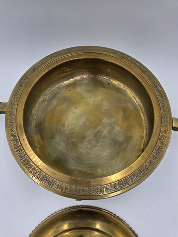 Antique Chinese Brass Dragon Handle Lidded Tureen Qing Hot Pot with Foo Dog Lid