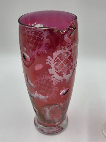 Rare Set Of 8 Antique Edwardian Wine Cranberry Glass Engraved Etched & Pitcher.
