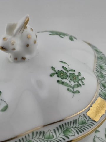 Vintage Collectible Herend Chinese Bouquet Green Cov Bonbon W/Bunny. Read.