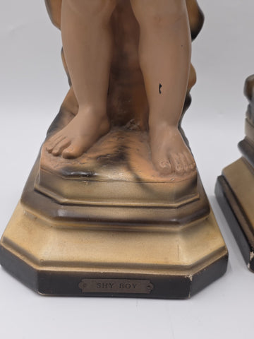 Paor huge 1920 French Art Deco Chalkware polychrome boy & girl figurine statues