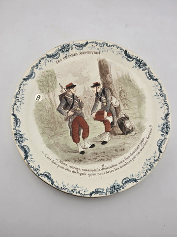 Set Of 6 ANTIQUE FRENCH TERRE DE FER PORCELAIN MILITARY PLATES. 7.5 Inch.