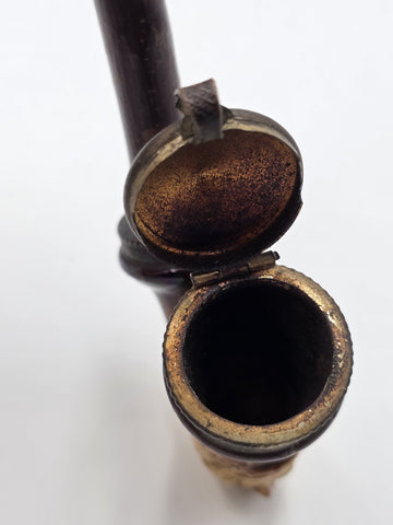 Antique C1890 German Figural Ceramic Tobacco Pipe Long Wood Stem Hinged Wind Cap