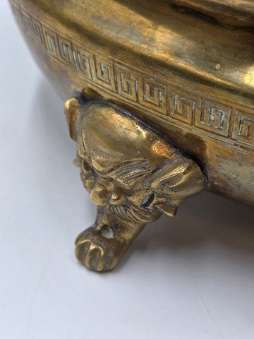 Antique Chinese Brass Dragon Handle Lidded Tureen Qing Hot Pot with Foo Dog Lid