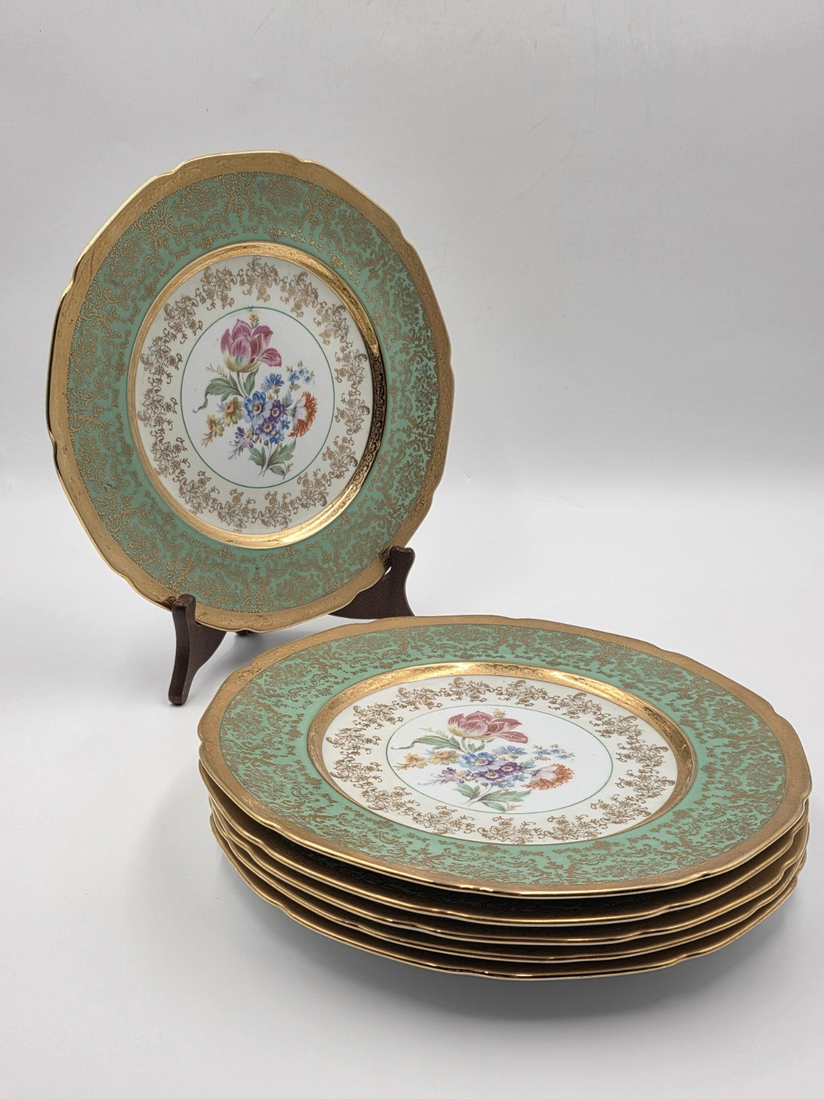 Set Of 6 Vintage Le mieux China 24K Gold Trim Mint Green Floral Cabinet Plates