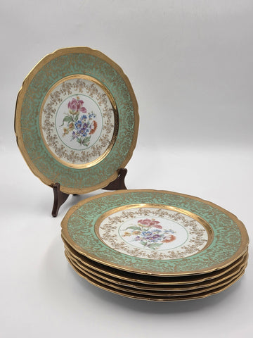Set Of 6 Vintage Le mieux China 24K Gold Trim Mint Green Floral Cabinet Plates