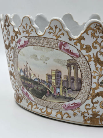 Chinese Export Porcelain Jardiniere C 1920 European Harbor Scene Gilt Cachepot
