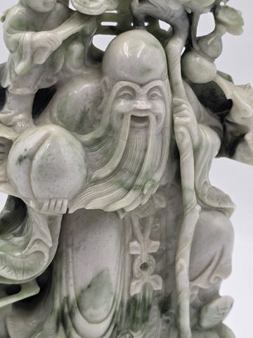 Chinese Hand Carved Natural Jadeite Jade Shou Xing Longevity Immortal Statue 12"