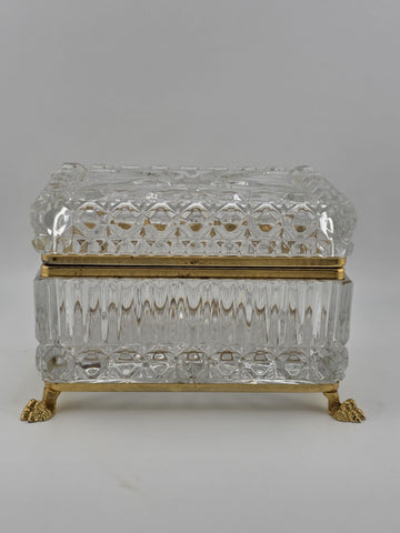 French Baccarat Style Jewelry Casket Footed Box Heavy Crystal Glass Hinged Lid