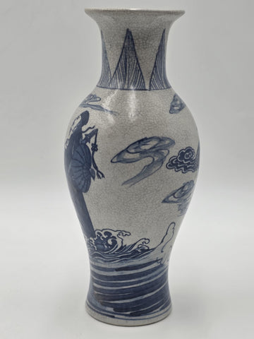 Antique Chinese Blue &White Crackle Glaze Porcelain Vase Immortals Qianlong Mark