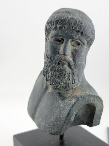 Vintahe Zeus sculpture statue on black marble base green aged color effect