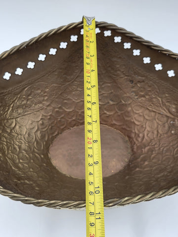 Large Antique Hand Hammered Brass Pierced Floral Bowl Jardiniere Rope Rim