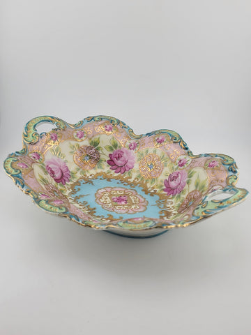 1910's Victorian German Porcelain Handled Bowl Raised Gold &Roses RS Style 11.5"