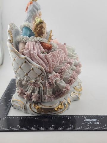Antique 19th C Dresden Lace 3 Figure Sofa Group Porcelain Figurine U&S Germany