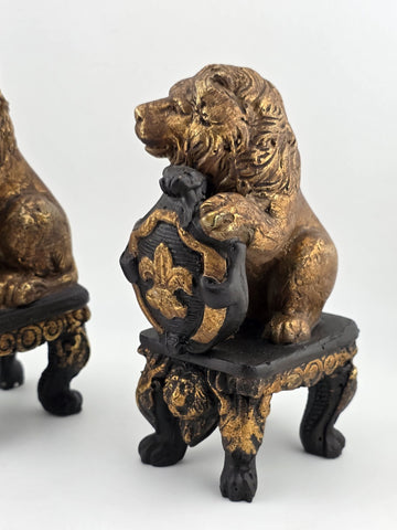 Pair Antique Carved Wood Heraldic Lions Bookends Fleur-de-Lis Shield Gold &Black