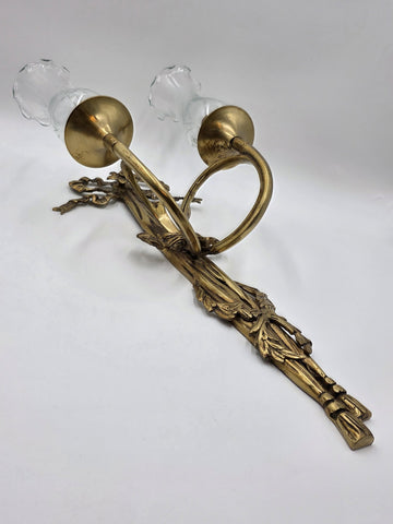 Pair Vintage Louis XVI Style French Ormolu Brass Wall Sconces w/ Etched Glass.