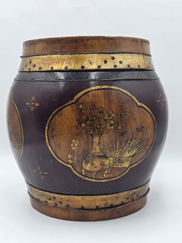 Antique Asian Hand Painted Rice Barrel Wooden Lidded Storage Bucket Bird Pagoda