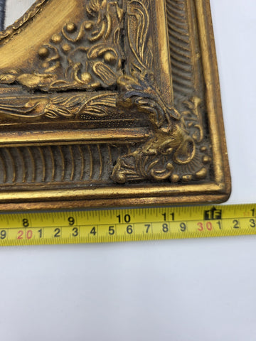 Antique Gilt Baroque Style Wood Framed Bird Painting On Wooden Oval Panel Decor.