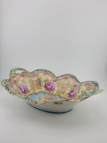 1910's Victorian German Porcelain Handled Bowl Raised Gold &Roses RS Style 11.5"