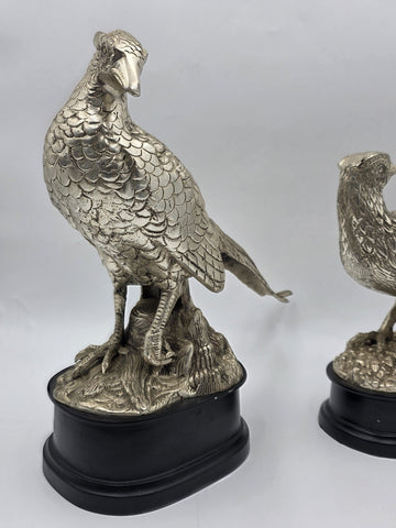 Vintage Pair XL Castilian Brass Pheasant Sculptures Cock Hen on Base 14 inch.
