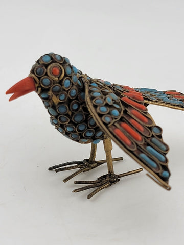 Antique Handmade Brass Turquoise Coral Glass Decorated Bird Ornament Middle East