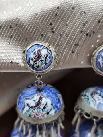 Rare Antique Hand Painted Filigree Silver Lantern Chandelier Dangling Earrings.