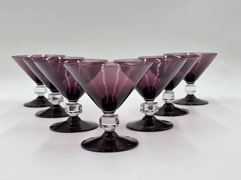 ANTIQUE SET OF 7 MID CENTURY BRYCE WILMINGTON AMETHYST 5 1/2" CHAMPAGNE GLASSES.