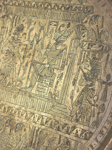 Antique Egyptian Brass Plate Detail Hand Etched Pharaoh and Egyptian Characters