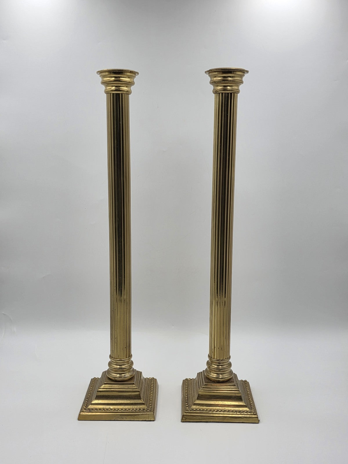 Pair Antique Monumental Brass Fluted Column Candlestick Neoclassical Regency 22”