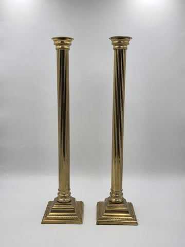 Pair Antique Monumental Brass Fluted Column Candlestick Neoclassical Regency 22”