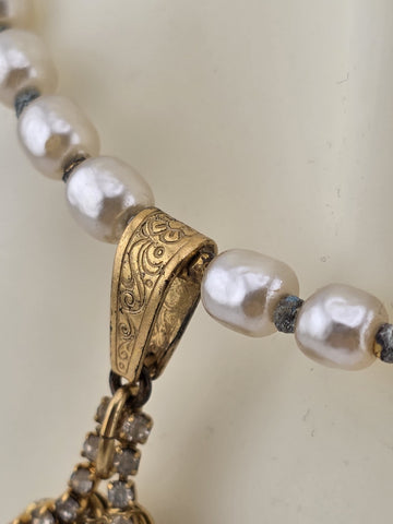 Vintage 1950's Miriam Haskell Glass Pearl Necklace/ Chocker Rhinestone Pendant